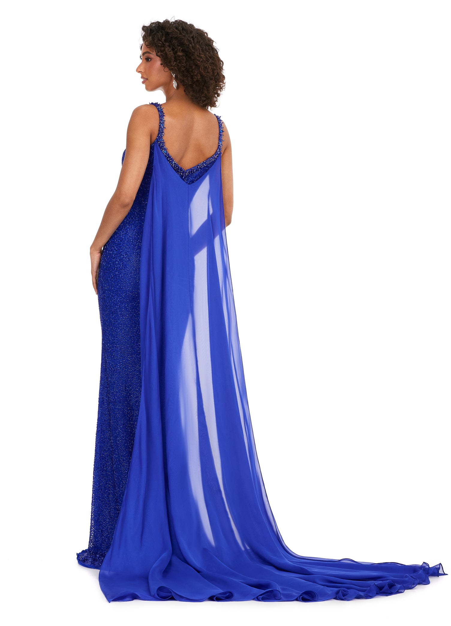 Long Halter Royal Blue Formal Prom Dress Cape with Sweep Train | Cocosbride